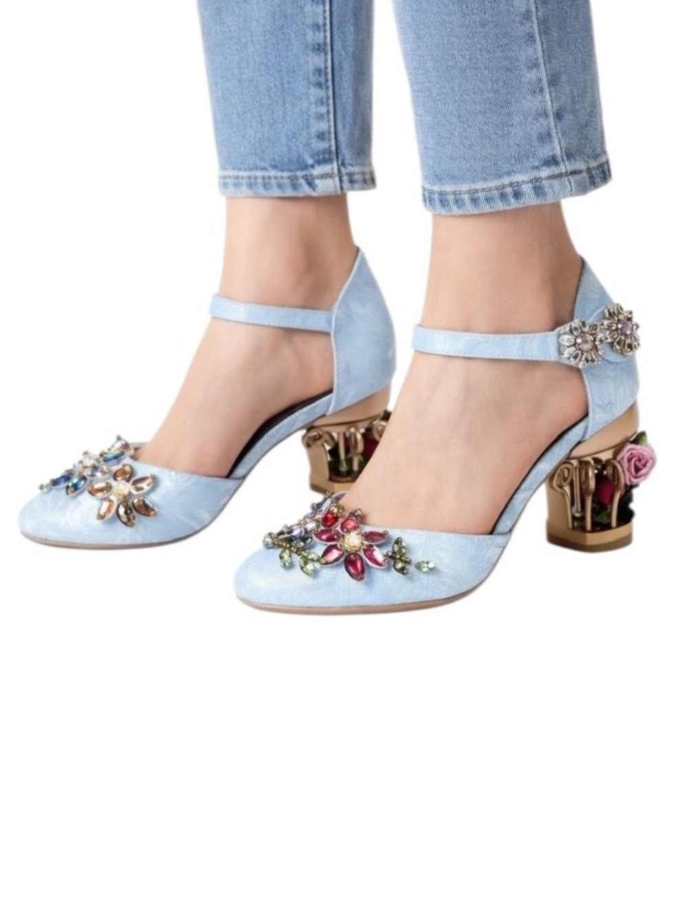 Handmade Blue Brocade Crystal Cage Shoes - Picture 2 of 8